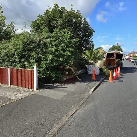 Roadside hedge trimmed with the van and cones out