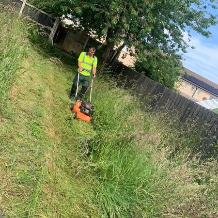 Cutting long grass in a neglected garden