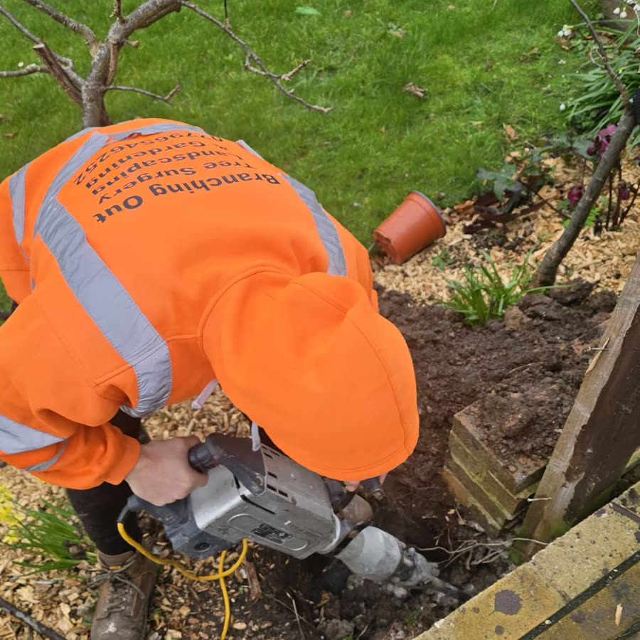 Branching Out operative in hi-vis grinding a tree stump