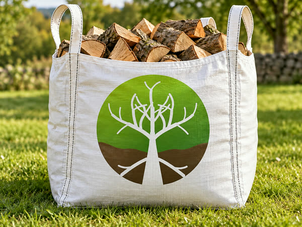 One-ton bulk bag filled with split logs, printed with the Branching Out tree logo